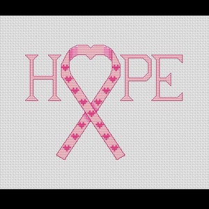 May include: A cross-stitch design featuring the word "HOPE" in pink, with the "O" replaced by a pink ribbon in the shape of a heart. The ribbon is adorned with small heart patterns. The background is a white grid.