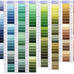 May include: A detailed colour chart showcasing a vast selection of thread shades. The chart is arranged in vertical columns, presenting a spectrum of hues from vivid reds and pinks to blues, greens, yellows, and browns. Each colour is represented by a small swatch with a corresponding number.