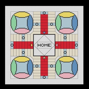 May include: A cross-stitch board game design with a square center labeled "HOME". The game board features four circular areas in yellow, green, blue, and pink, connected by red pathways. The background is a light beige color.