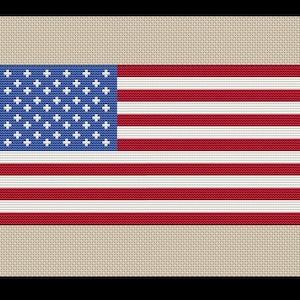May include: A cross-stitch pattern of the United States flag featuring a blue canton with white crosses representing stars, and alternating horizontal red and white stripes. The design is set against a light beige fabric background with a black border.