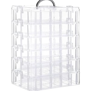 Puede incluir: Un organizador de almacenamiento de plástico transparente de varios niveles con seis compartimentos rectangulares apilables. Cada nivel tiene divisores individuales y cierres laterales. Un asa gris semicircular está fijada a la tapa superior.