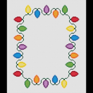 May include: A cross-stitch design featuring a garland of colorful Christmas lights. The lights are arranged in a rectangular shape, with red, green, orange, purple, blue, and yellow bulbs. The background is white.