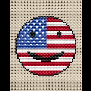 May include: A cross-stitch design of a smiley face, incorporating the American flag. The left side features a blue field with white stars, while the right side displays red and white stripes. The smiley face has black eyes and a curved black mouth.