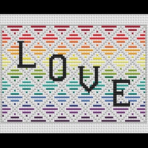 May include: Cross-stitch design with the word "LOVE" in black block letters. The background features a repeating pattern of colorful, rainbow-hued chevrons. The design is framed with a white border, creating a vibrant and eye-catching piece.