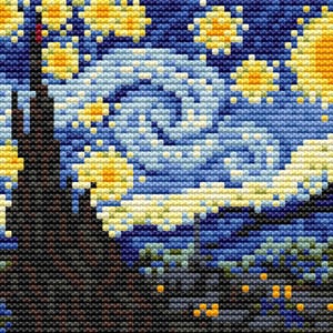May include: A cross stitch embroidery pattern depicting a night sky with a large yellow moon, swirling blue clouds, and bright yellow stars. A tall dark brown cypress tree stands in the foreground, with a small village visible at the bottom.