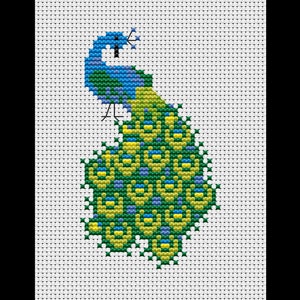May include: A cross-stitch peacock design on a white background. The peacock has a blue head and neck, a green and yellow body, and a detailed tail with yellow, green, and blue accents. The design is framed by a black border.