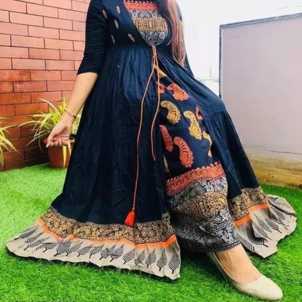 Plus Size Anarkali Kurta Women - Rayon Printed Blue Multi Bandhani Printed Tiered Anarkali - Indian Dress XXXL 4XL 5XL 6XL 7XL