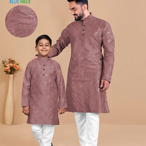 Diseñador Padre Hijo Kurta Combo Conjunto de kurta festivo para hombres Conjunto de ropa tradicional a juego Conjunto de pijama de kurta para hombre Conjunto de kurta para niños para ropa de fiesta para caballeros