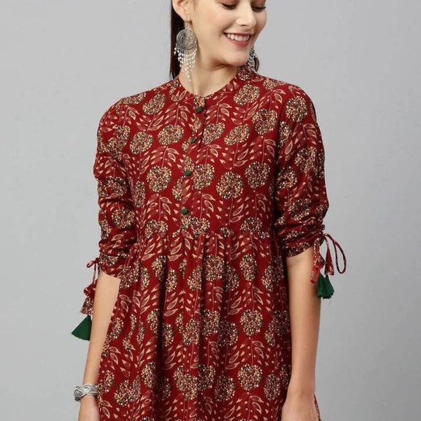 Ethnic Top - Pur Coton Marron & Vert Floral Imprimé Tie-Up Sleeve Top Pour Femmes - Tunique Indienne - Tops Et Tees - Tunique Ethnique Courte Kurti