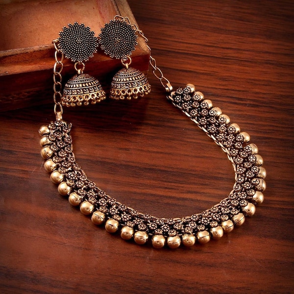 Bollywood Oxidized Gold Plated Handmade Jewellery set/ Party wear Jewely set/ Oxidized choker necklace earrings jhumka jhumki women #NEWGRN