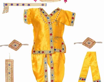 Indiase kinderjurk, feestelijke kinderjurk, Krishna Dhoti Dupatta Set, traditionele Krishna-jurk voor kinderen, Kanha-jurk, katoenzijde Dhoti Dupatta