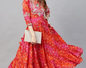 Plus Size Anarkali Kurta Women - Pure Cotton Pink & Orange Mirror Work Cotton Bandhani Printed Tiered Anarkali - Indian Dress XXXL 4XL 5XL