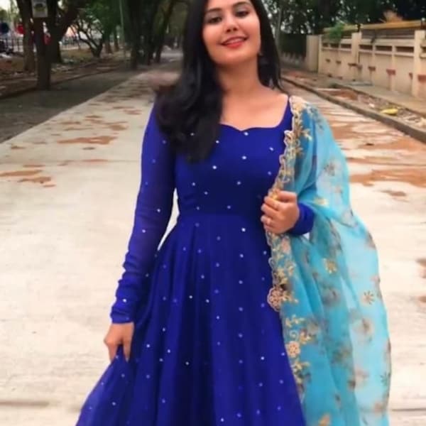 Blue Beautiful Designer Gown, Georgette Gown, Bridal Anarkali Suit, Ethnic wear, Printed Work Gown, Party Wear