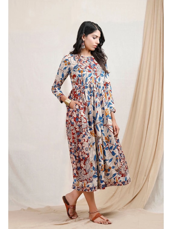 Maroon Kalamkari Cotton Dress with Stitch Detail - directcreate.com