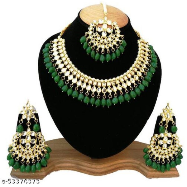 Green Kundan Necklace Earrings Tikka Bridal Indian Choker Fashion Jewelry Set