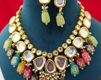 Tanjore kundan necklace set, simple kundan set, multi color kundan set, meena kundan necklace set, Indian kundan jewellery