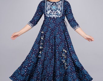 Plus Size Anarkali Kurta Women - Rayon Blue Mirror Work Cotton Bandhani Printed Tiered Anarkali - Indian Dress XXXL 4XL 5XL 6XL