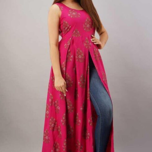 Indian Designer Girl's Rayon Regular Front Slit Kurta, Long Kurti Suits Salwar Suits Floral Printed Silt Kurti Suits Fusion Wear Silt Kurti
