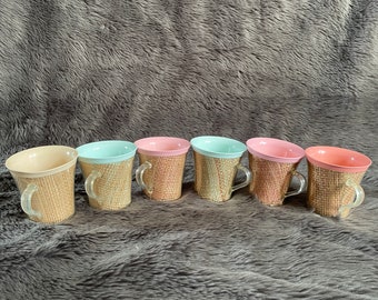 Thermo Temp | Vintage Raffia Straw Woven Burlap Melmac Pastel Raffiaware Insulated Coffee Cups