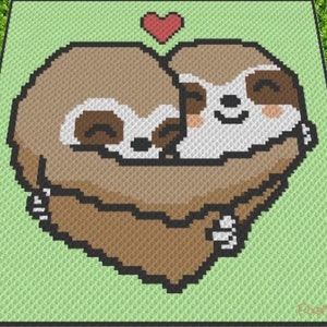 May include: Two brown sloths hugging in the shape of a heart with a red heart above them on a green background.