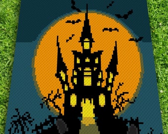 HALLoWeeN - CASTLE - crochet graph for blanket, C2C, written & color blocked instructions for corner to corner,