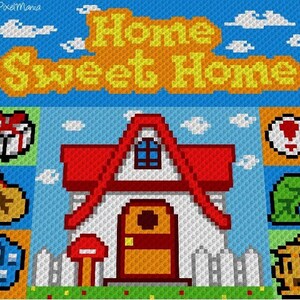 May include: A pixelated crochet pattern featuring a house with a red roof, a white picket fence, and the text "Home Sweet Home". The pattern also includes various pixelated icons from the Animal Crossing video game series.