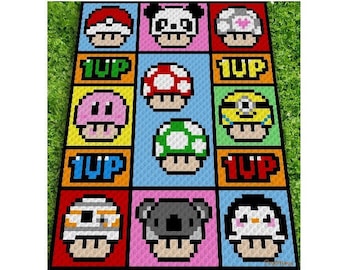1 up - MUSHROOM, Häkelmuster, Grafik für C2C, Häkeldecke od Kissen Ecke zu Ecke,  mit geschriebener Anleitung
