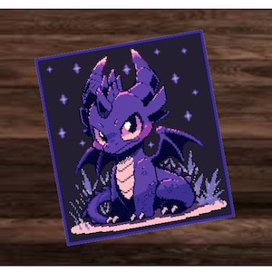 May include: A purple pixel art dragon with a pink underbelly and wings, sitting on a dark blue background with white stars.