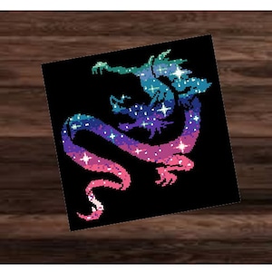 May include: A colorful galaxy dragon design with pink, blue, and green hues. The dragon is curled up in a defensive position with its wings spread out.
