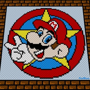 May include: A pixelated image of a video game character, Mario, in a red and blue suit, with a yellow star behind him. The image is in a white frame with a brown brick border.