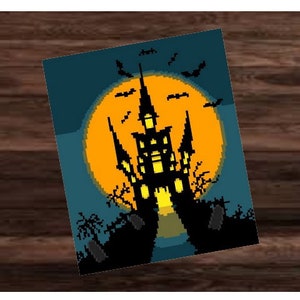 HALLOWEEN CASTLE - graph for crochet sc blanket, written & color blocked instructions for corner to corner,