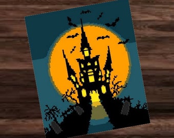 HALLOWEEN CASTLE - graph for crochet sc blanket, written & color blocked instructions for corner to corner,