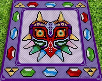 ゼルダの伝説 ムジュラの仮面をイメージしたブランケット - かぎ針編みパターン、C2C（コーナー・トゥ・コーナー）かぎ針編みブランケットの図解、文章とカラーブロックの説明付き
