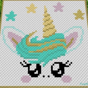 May include: A crochet pattern featuring a unicorn with a gold horn, turquoise mane, and pink ears. The unicorn is surrounded by gold and blue stars on a white background.
