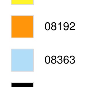 May include: Four color swatches with corresponding numbers. The swatches are yellow, orange, light blue, and black. The numbers are 08210, 08192, 08363, and 08226.