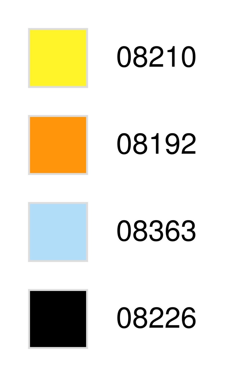 May include: Four color swatches with corresponding numbers. The swatches are yellow, orange, light blue, and black. The numbers are 08210, 08192, 08363, and 08226.