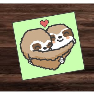 May include: A pixelated illustration of two sloths hugging, forming a heart shape, with a red heart above them. The sloths are brown with white faces and are set against a light green background.