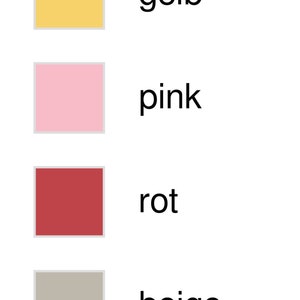 K&ouml;nnte beinhalten: Ein visueller Leitfaden f&uuml;r Farbnamen auf Deutsch. Die Farben werden durch Quadrate in folgender Reihenfolge dargestellt: Wei&szlig;, Gelb, Rosa, Rot, Beige und Schwarz. Das deutsche Wort f&uuml;r jede Farbe steht rechts neben dem Quadrat.