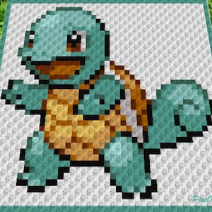 May include: A pixelated crochet pattern of Squirtle, a blue turtle Pokémon, with a brown shell and a white background.
