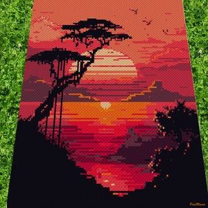 May include: A pixelated sunset scene with a silhouette of a tree in the foreground. The sky is a vibrant orange and red, with a large orange sun in the center. The water is a dark blue, with a few small waves.