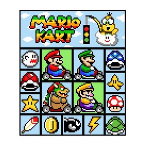 May include: A pixelated image of the classic video game Mario Kart. The title "Mario Kart" is displayed at the top of the image.  The image features characters from the game, including Mario, Luigi, Bowser, and Toad, driving their karts.  The image also includes various items from the game, such as a star, a banana, and a shell.
