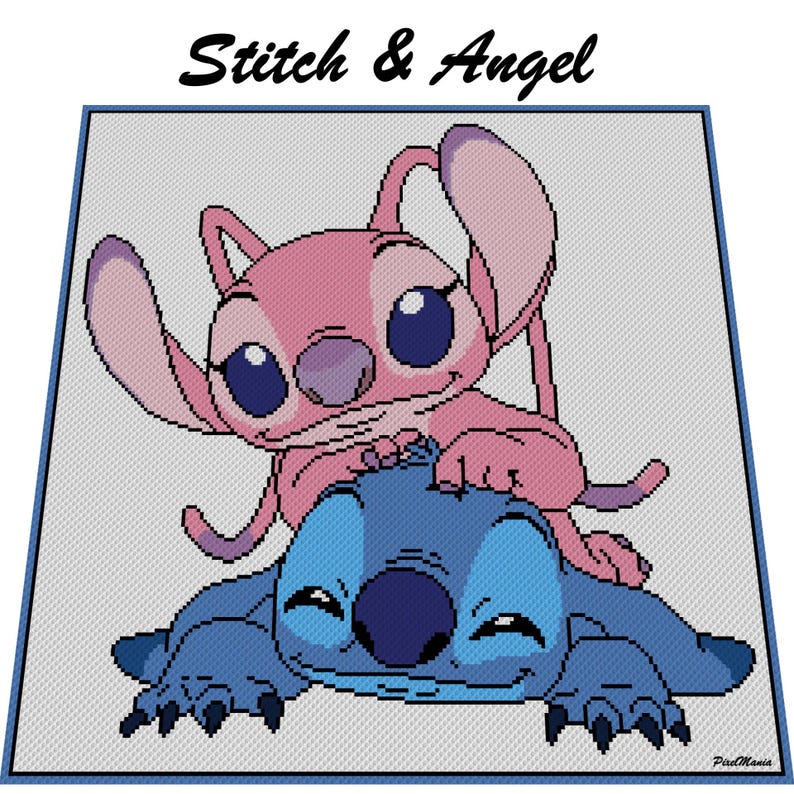 K&ouml;nnte beinhalten: Stitch und Angel aus dem Disney-Film Lilo & Stitch. Stitch ist blau mit gro&szlig;en Augen und einem breiten L&auml;cheln. Angel ist rosa mit gro&szlig;en Augen und einem breiten L&auml;cheln. Sie umarmen sich.