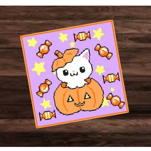 May include: A white cat wearing a pumpkin hat sits inside a jack-o'-lantern on a purple background with orange and yellow sweets scattered around.