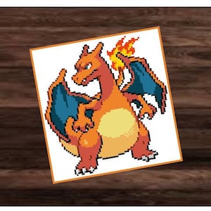 May include: A pixelated illustration of a fiery orange and blue Pokemon character with a flame on its tail. The character is standing on a white background.