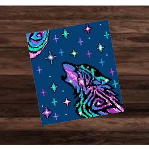 May include: A pixelated image of a wolf howling at the moon. The wolf is a vibrant mix of purple, blue, and green. The background is a dark blue with white stars.