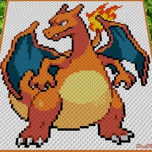 Könnte beinhalten: Ein pixelartiges Häkelmuster eines roten, orangefarbenen und gelben Charizard-Pokémon mit blauen Flügeln und einer Flamme am Schwanz.