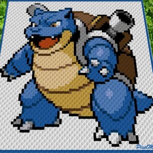 May include: A pixelated crochet pattern of a blue and brown Pokemon character, Blastoise, with a shell on its back and water cannons on its shoulders.