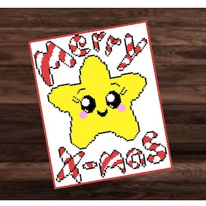 Pode incluir: Um cartão de Natal pixelizado com uma estrela amarela sorridente e as palavras "Merry X-mas" em letras listradas em vermelho e branco. O cartão tem uma borda vermelha e está sobre um fundo de madeira.