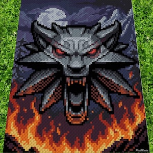 May include: Pixelated artwork of a wolf's head with red eyes, set against a night sky with a full moon. Flames at the bottom. The design is reminiscent of a video game or fantasy theme.