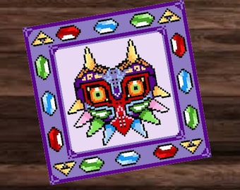 MAJORAS MASKにインスパイアされたかぎ針編みパターン、FM用グラフィック、かぎ針編みブランケットシングルかぎ針編み、チュニジアン、ダブルかぎ針編み、ツイスト＆カラーブロックの説明書
